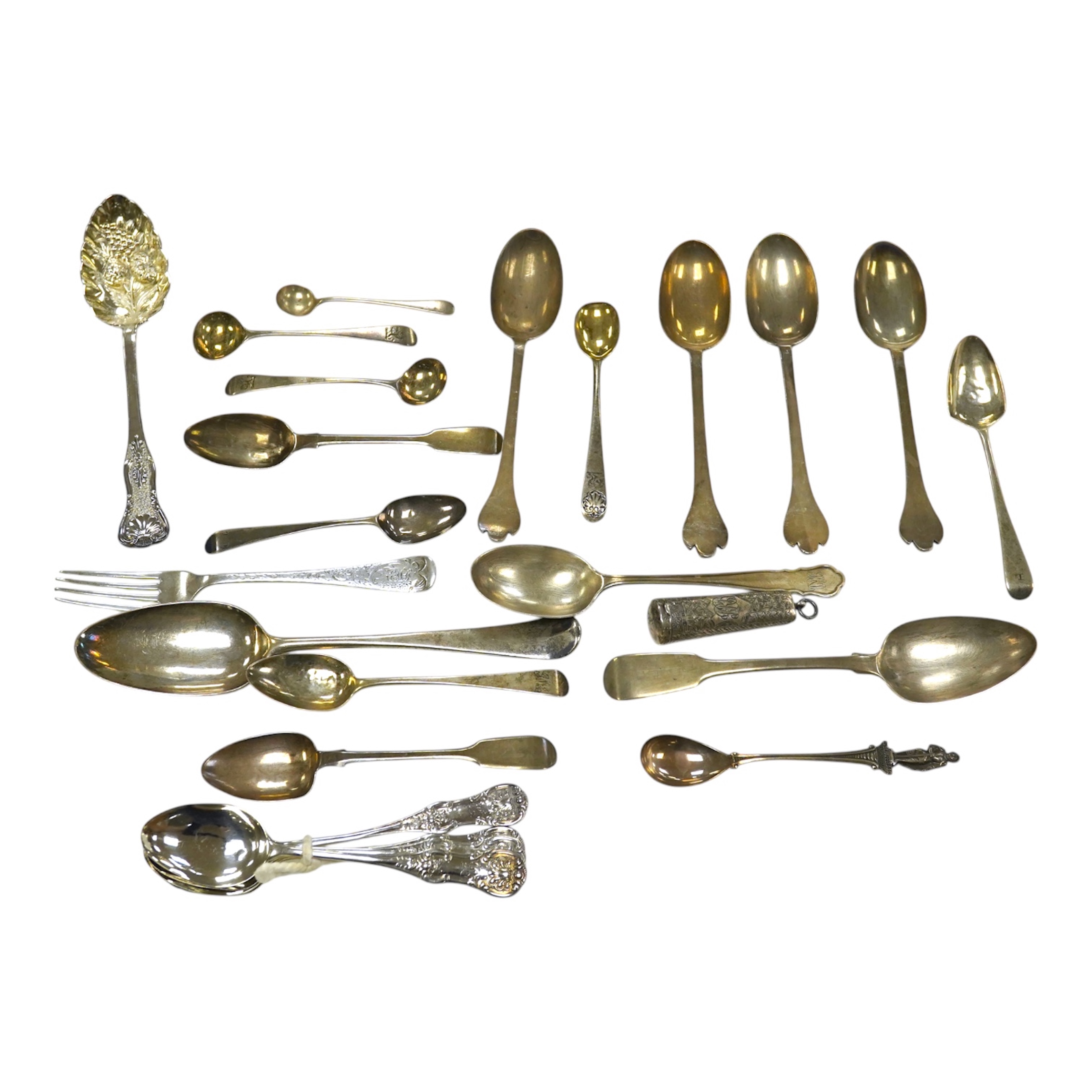 A set of four George V silver dog nose spoons by Tessiers Ltd, London, 1932/5/6, 16.1cm, a silver cigarette holder case and sundry minor flatware including two plated items, weighable silver 16.5oz. Condition - poor to f